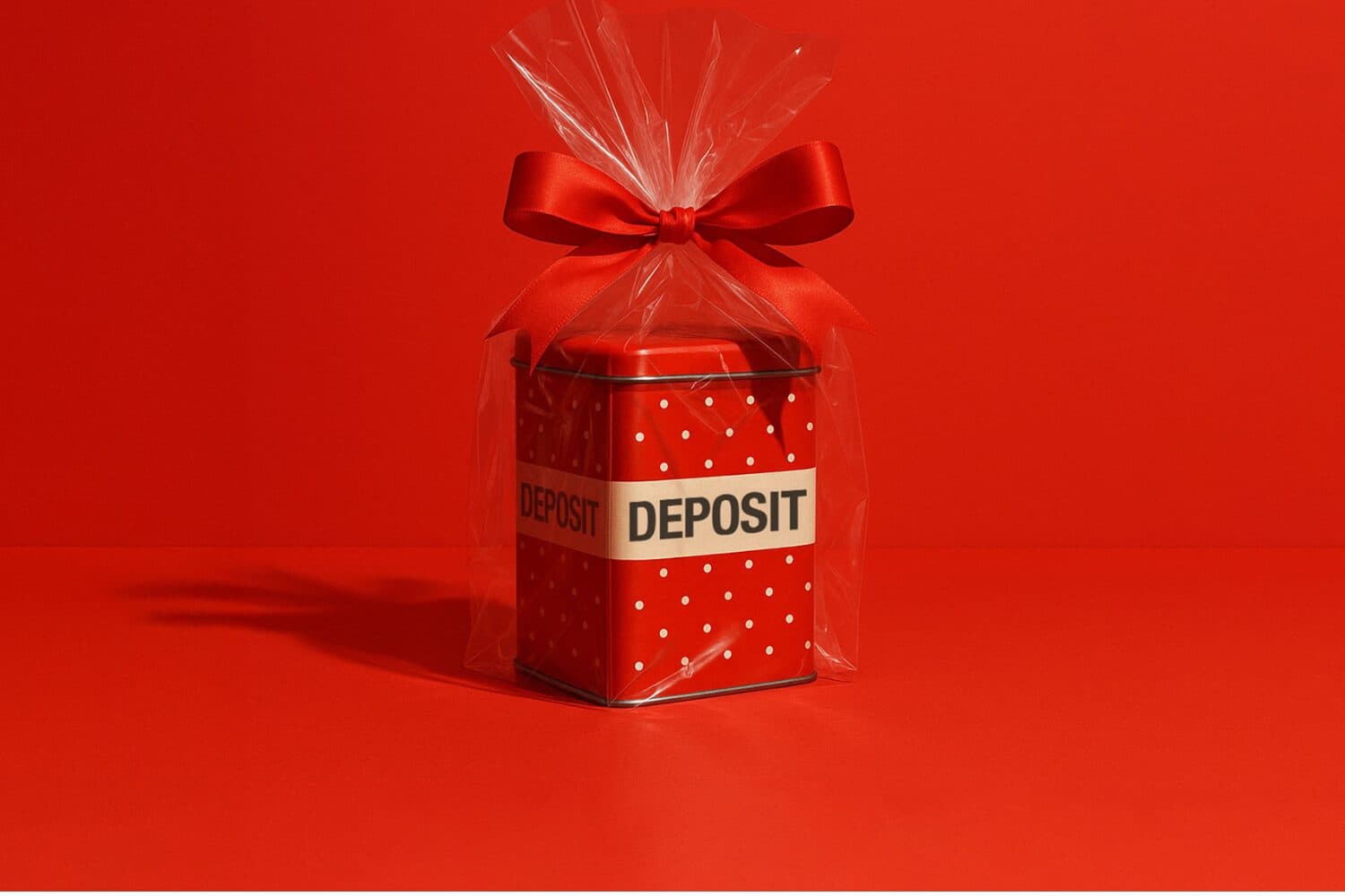 Red polka-dot tin labeled ‘DEPOSIT’, wrapped in cellophane with a red ribbon on a red background