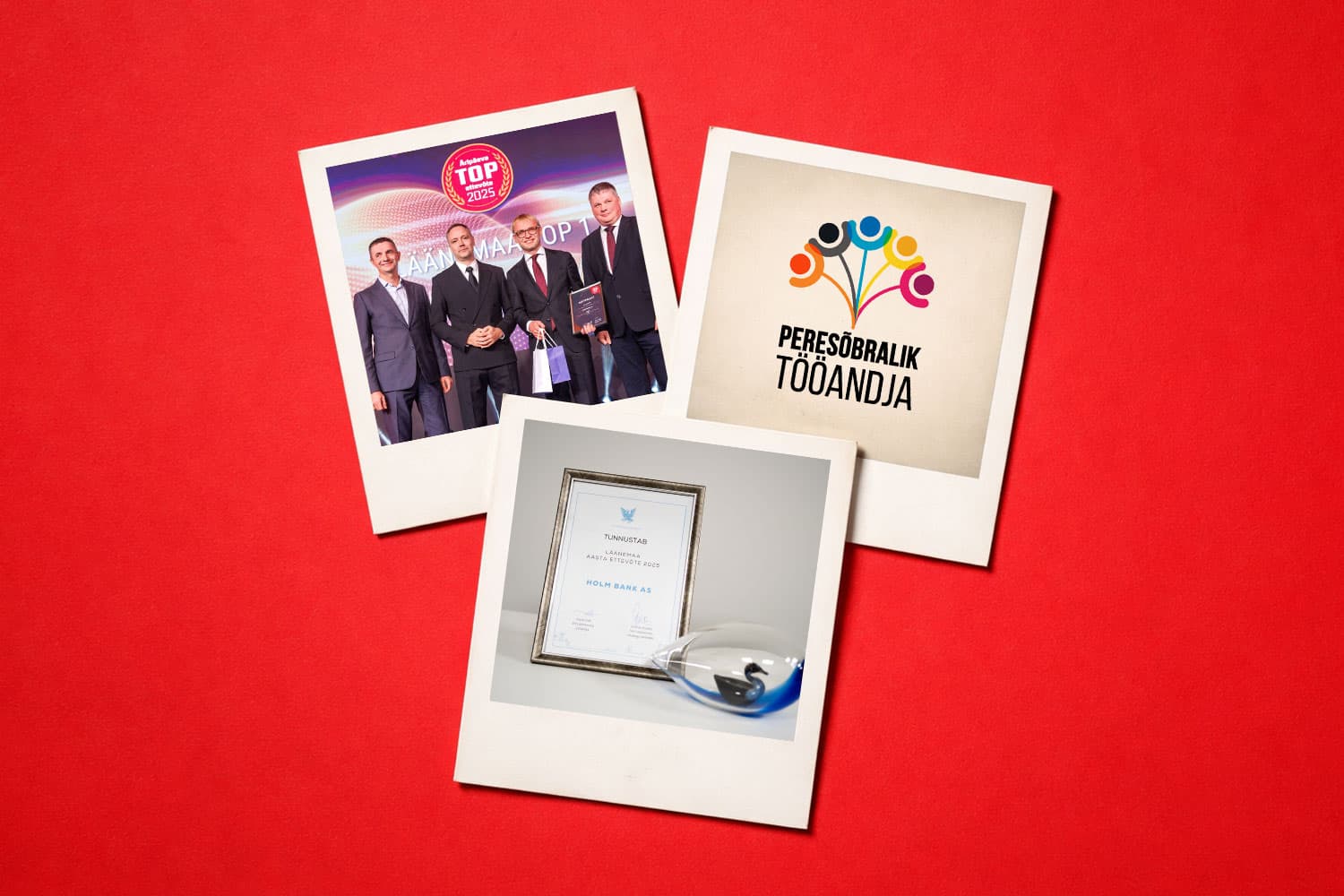 Three Polaroid-style photos of awards and certificates on a red background.